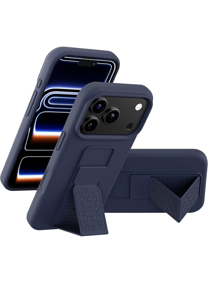 جراب سيليكون مزود بمسند لهاتف iPhone 17 Pro، متوافق مع iPhone 17 Pro، حامل رأسي وأفقي مع حزام يد وغطاء معدني، جراب سيليكون سائل مرن وناعم مزود بمسند لهاتف iPhone 17 Pro - Image 1